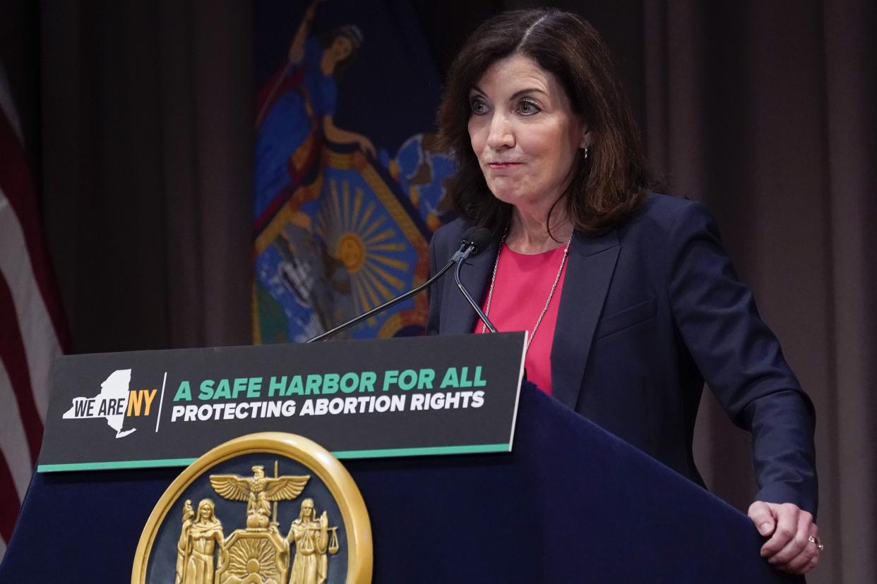 New York Gov. Kathy Hochul speaks during a ceremony to sign a legislative package to protect abortion rights in New York, Monday, June 13, 2022. New York has expanded legal protections for people seeking and providing abortions in the state under legislation signed by Gov. Hochul on Monday. 