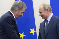 FILE - Russian President Vladimir Putin, right, shakes hands with Finnish President Sauli Niinisto after a joint news conference following their meeting in the Bocharov Ruchei residence in the Black Sea resort of Sochi, Russia, Wednesday, Aug. 22, 2018. Finland and Sweden have signaled their intention to join NATO over Russia’s war in Ukraine and things will move fast once they formally apply for membership in the world’s biggest security alliance. Russian President Vladimir Putin has already made clear that there would be consequences if the two Nordic countries join. (AP Photo/Pavel Golovkin, Pool, File)