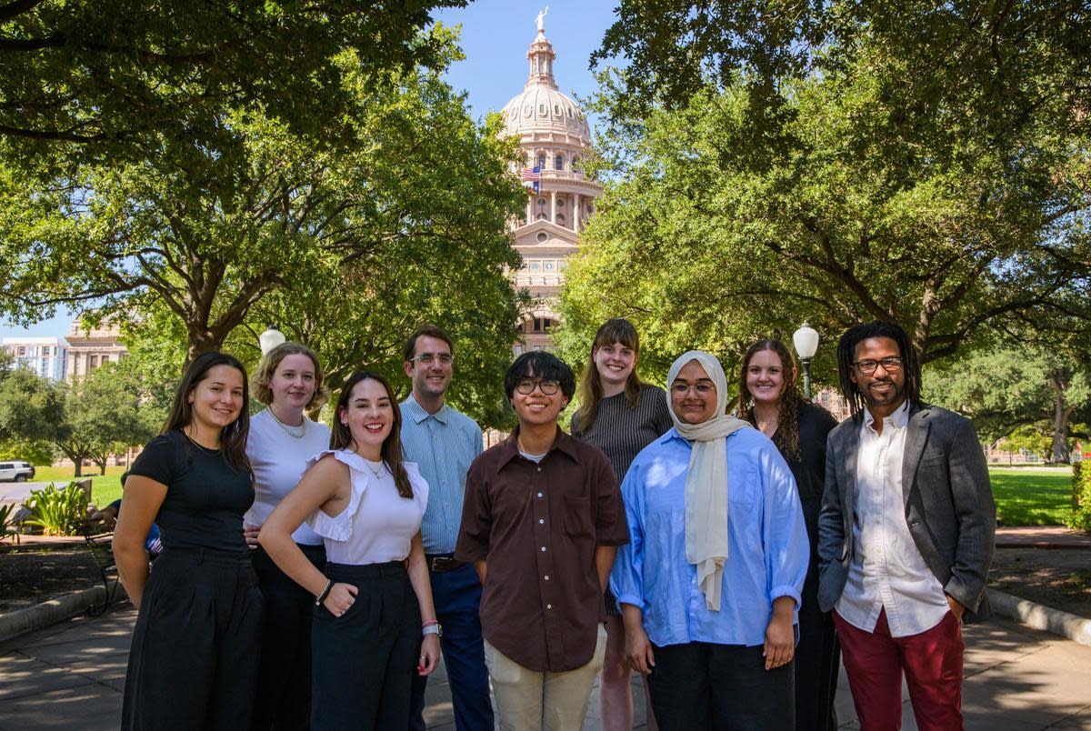 The Texas Tribune welcomes a new group of fellows this fall. They include, from left, Ali Juell, Meadow Chase, Sophia Navarro, Keaton Peters, Kevin Vu, Meredith Roberts, Karishma Bhuiyan, Caroline Wilburn and Jacarious Stanley. <cite>Credit: Eli Hartman/The Texas Tribune</cite>