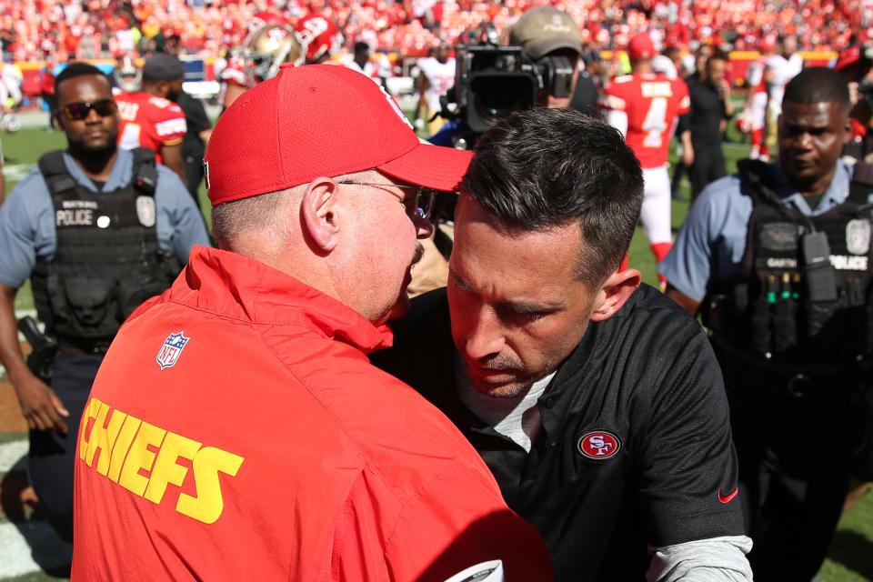 KANSAS CITY, MO - SEPTEMBER 23: Kansas City Chiefs Head Coach Andy Reid and San Francisco 49ers Head Coach Kyle Shanahan during a game between the San Francisco 49ers and the Kansas City Chiefs at Arrowhead Stadium in Kansas on September 23, 2018. Exchange words after three weeks of NFL games. City, Missouri. The Chiefs won 38-27.  (Photo by Scott Winters/Icon Sportswire via Getty Images)