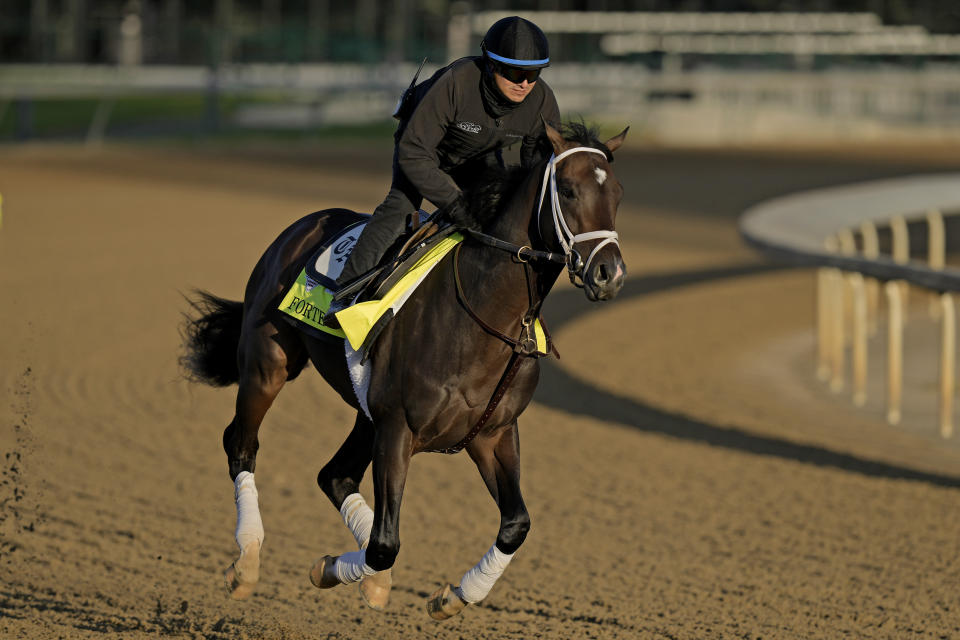 Kentucky Derby hopeful Forte works out at Churchill Downs Tuesday, May 2, 2023, in Louisville, Ky. The 149th running of the Kentucky Derby is scheduled for Saturday, May 6. (AP Photo/Charlie Riedel)