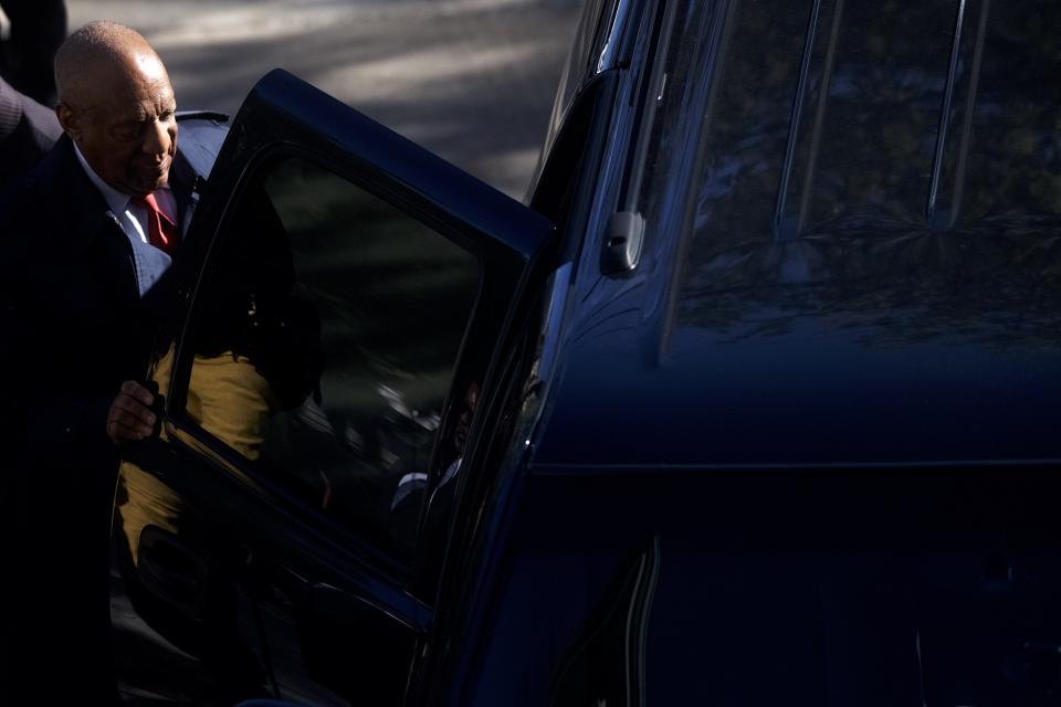 <p>Bill Cosby exits his SUV, upon arriving at the Montgomery County Courthouse for day fourteen of his sexual assault retrial, as the jury deliberates for the second day, on April 26, 2018 in Norristown, Pa. (Photo: Mark Makela/Getty Images) </p>