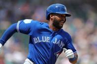 Mar 24, 2019; Lakeland, FL, USA; Toronto Blue Jays shortstop Richard Urena (7) singles against the Detroit Tigers in the second inning at Publix Field at Joker Marchant Stadium. Mandatory Credit: Aaron Doster-USA TODAY Sports