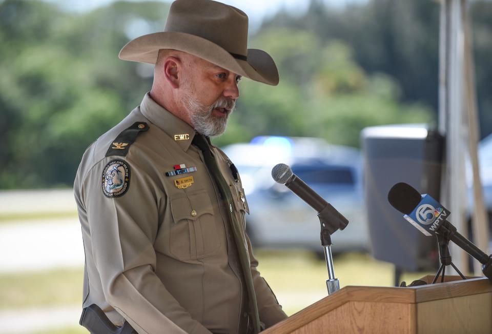 Florida Fish and Wildlife Conservation Commission Col. Brian Smith speaks during the dedication ceremony honoring Kyle Patterson, naming a section of State Road 70 (Okeechobee Road) as Kyle Lee Patterson Memorial Way, beginning from Ideal Holding Road, west to Carlton Road (County Road 613), on Friday, March 29, 2024, in St. Lucie County. “Kyle is missed, but not forgotten,” Smith said. “His legacy continues in this community.”