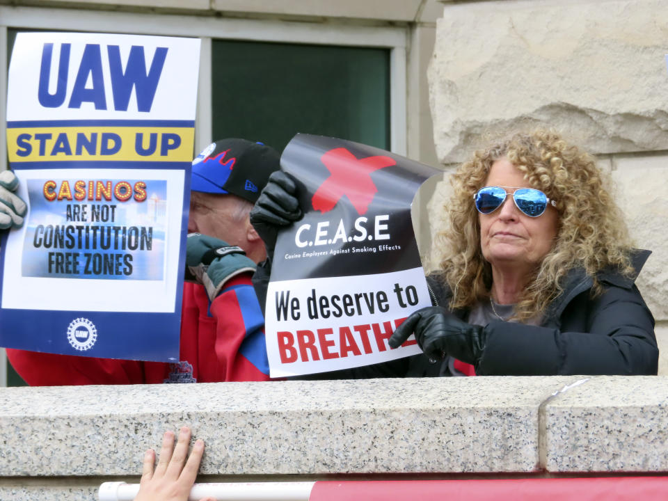 Casino workers in favor of banning smoking in Atlantic City demonstrate outside a courthouse in Trenton, N.J., April 5, 2024, after filing a lawsuit seeking to force a smoking ban. On Monday, April 29, 2024, Atlantic City's main casino workers union asked a judge to let it intervene in that lawsuit. (AP Photo/Wayne Parry)