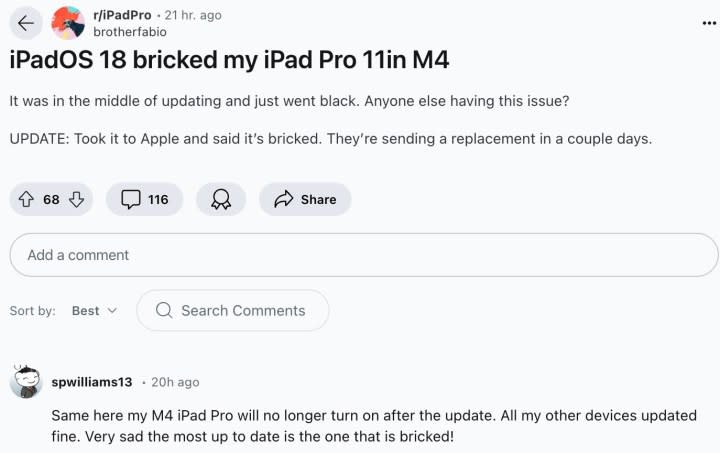 Laporan pengguna kedua tentang iPad Pro M4 rusak setelah pembaruan iPadOS 18.