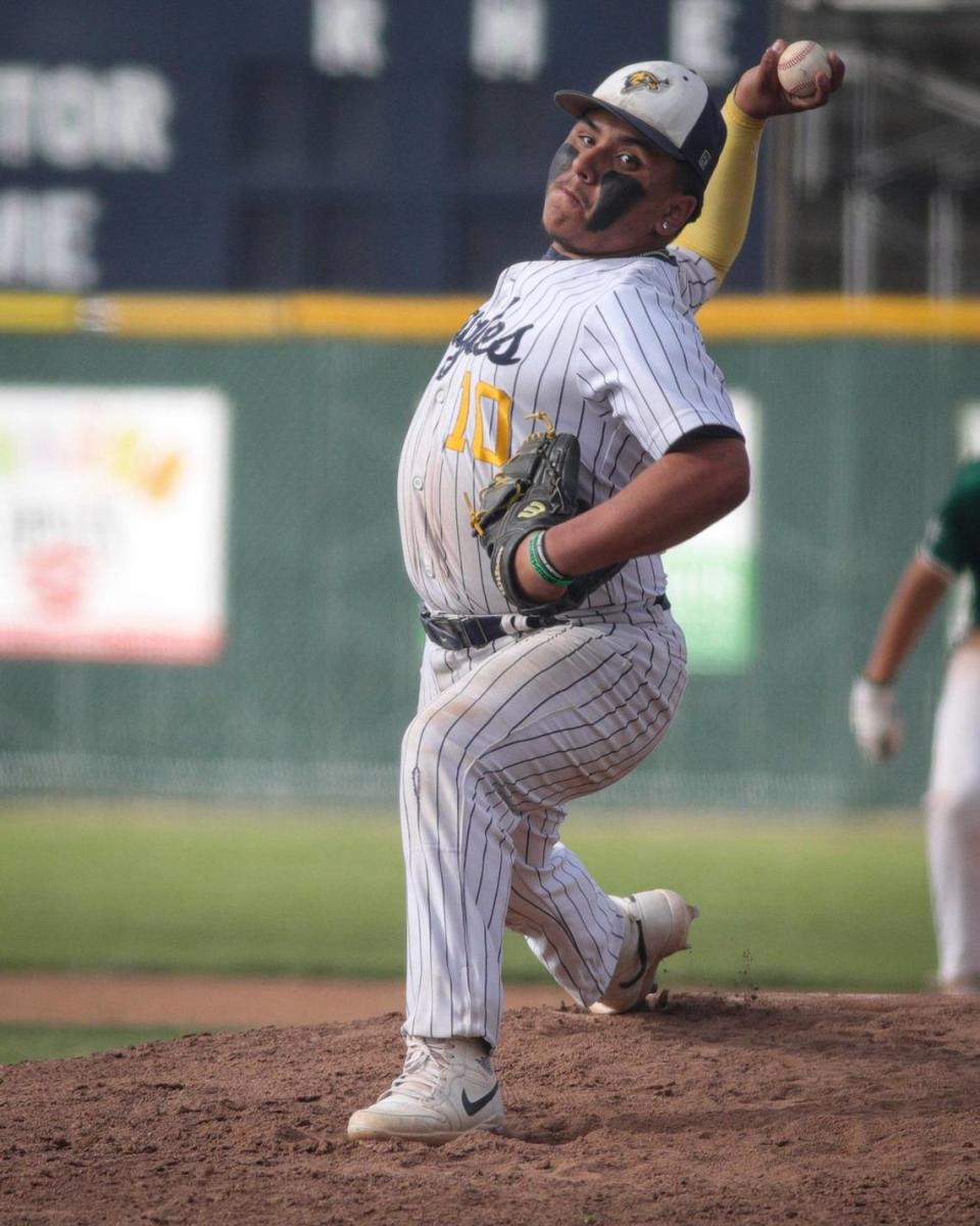 Luke Plaza pitched the later innings for the Eagles. Arroyo Grande High School fell to Garces Memorial from Bakersfield 6-4 in a baseball playoff on May 14, 2024.