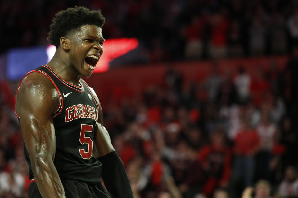 Georgia's Anthony Edwards (5) celebrates after dunking against Texas A&M during an NCAA basketball game in Athens, Ga., on Saturday, Feb. 1, 2020. (Joshua L. Jones/Athens Banner-Herald via AP)