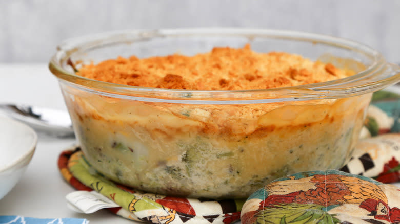 broccoli casserole in glass dish