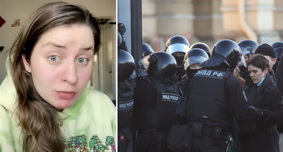 Left - a screenshot of Vlasta Pilot on TikTok. Right - Police surround a protester is St Petersburg