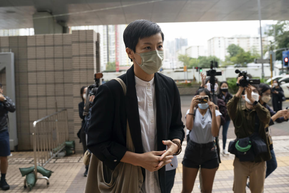 Hong Kong singer Denise Ho arrives at the West Kowloon Magistrates's Courts in Hong Kong, Friday Nov. 25, 2022. Hong Kong Cardinal Joseph Zen and five others were in court on Friday over charges of failing to register a now-defunct fund that aimed at helping people arrested in the widespread protests three years ago. (AP Photo/Anthony Kwan)