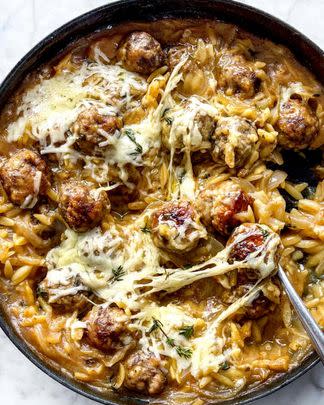 French Onion Meatballs with Orzo