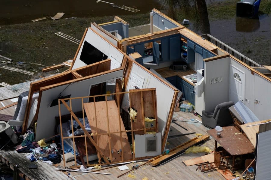 In this photo made in a flight provided by mediccorps.org, the remains of a destroyed home built atop a platform on piles are seen in Keaton Beach, Fla., following the passage of Hurricane Idalia, Wednesday, Aug. 30, 2023. (AP Photo/Rebecca Blackwell)