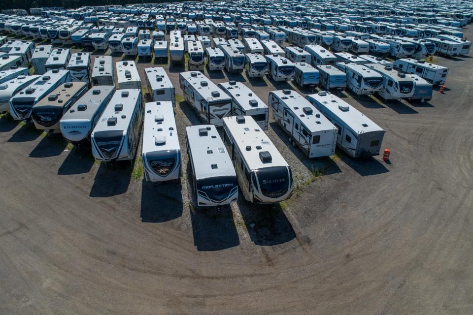 Recreational vehicles await shipping in northern Indiana in one of the aerial scenes in the film “Liminal: Indiana in the Anthropocene.”