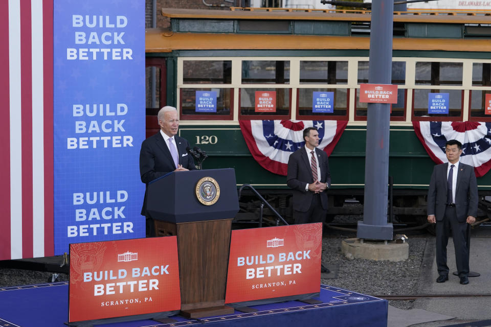 FILE - President Joe Biden speaks about his infrastructure plan and his domestic agenda during a visit to the Electric City Trolley Museum in Scranton, Pa., Oct. 20, 2021. Pennsylvania has been a core part of Biden's political identity for years. It's where he grew up, and he was jokingly called the state's “third senator” even though he represented neighboring Delaware. Now he's returning to Pennsylvania repeatedly to help Democratic candidates even though he's largely absent from the campaign trail in other key battlegrounds like Georgia, Nevada and Ohio. (AP Photo/Susan Walsh, File)