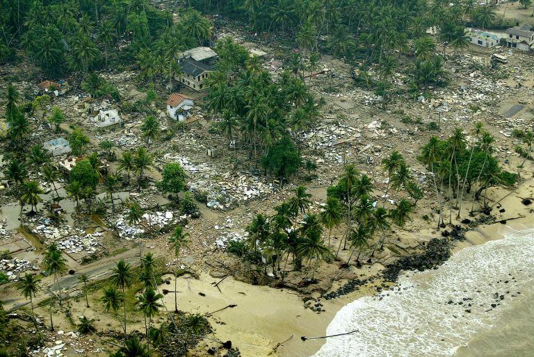 The debris of houses destroyed by the 2004 tsunami in Galle, on the southwestern coast of Sri Lanka