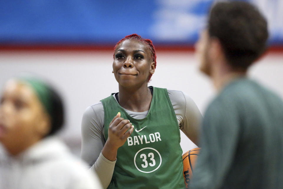 Baylor's Aijha Blackwell (33) practices ahead of a first-round game in the women's college basketball NCAA Tournament in Blacksburg, Va., Thursday, March 21, 2024. (Matt Gentry/The Roanoke Times via AP)