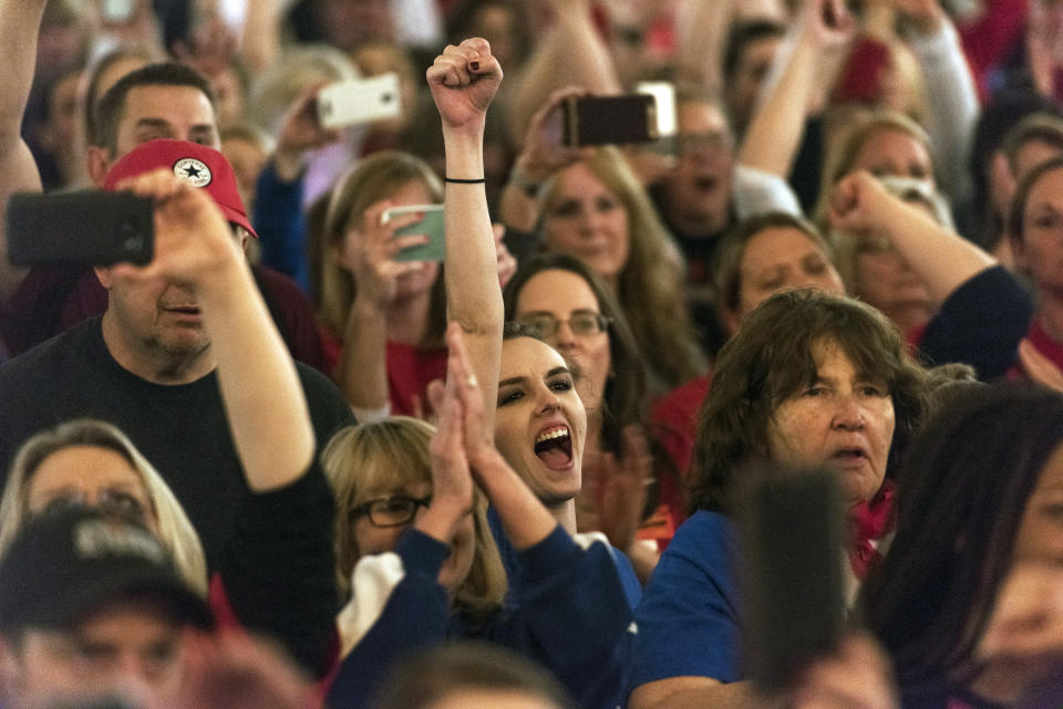 <p>Teachers and school personnel celebrate after the state Senate approved a bill to increase state employee pay by 5 percent at the capitol in Charleston, W.Va., on Tuesday, March 6, 2018. The lawmakers unanimously approved the pay raises for teachers and troopers, after the governor reached a deal to end a teacher walkout that shuttered the state’s schools for nine days. (Photo: Craig Hudson/Charleston Gazette-Mail via AP) </p>