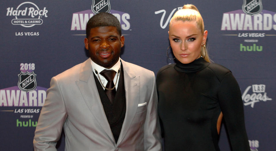 P.K. Subban of the Nashville Predators poses for photos on the red carpet with skier Lindsey Vonn during the 2018 NHL Awards. (Jeff Speer/Icon Sportswire via Getty Images)