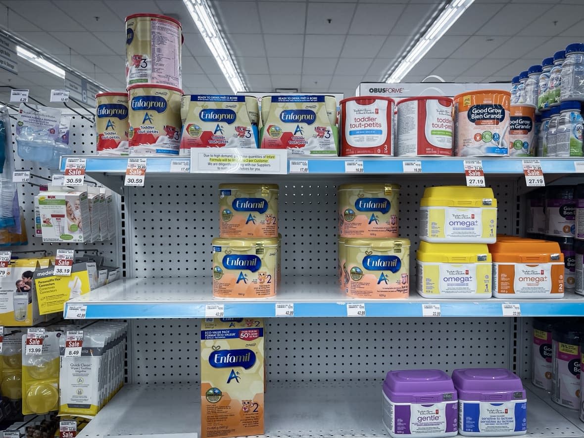 Baby formula for sale at a Shoppers Drug Mart location in Surrey, B.C., in 2022, when Canadians were experiencing shortages of the product. Consumer Price Index data from Statistics Canada suggests that the price of infant formula was up 11.8 per cent in March 2023, compared to a year earlier. (Ben Nelms/CBC - image credit)