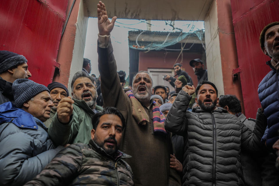 Supporters of Jammu Kashmir National Conference shout slogans during a protest in Srinagar, Indian controlled Kashmir,Tuesday, Dec 23, 2023. Anger spread in some remote parts of Indian-controlled Kashmir after three civilians were killed while in army custody, officials and residents said Saturday. This comes two days after a militant ambush killed four soldiers. (AP Photo/Mukhtar Khan)