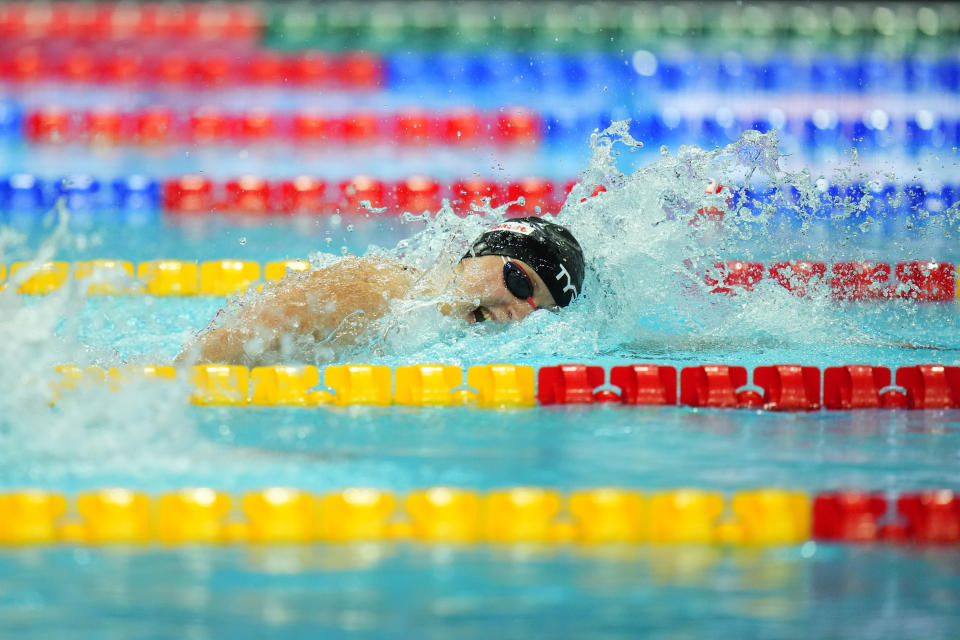 Katie Ledecky of United States competes during the women's 400m freestyle final at the 19th FINA World Championships in Budapest, Hungary, Saturday, June 18, 2022. (AP Photo/Petr David Josek)