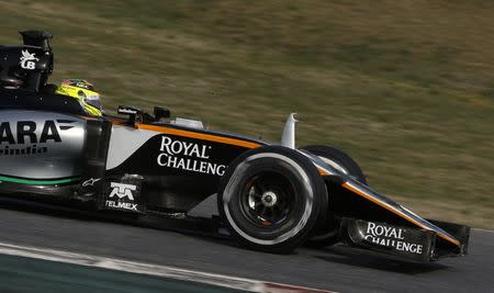 ForceIndia Formula One driver Sergio Perez of Mexico speeds his car during the second testing session ahead the upcoming season at the Circuit Barcelona-Catalunya in Montmelo, Spain, February 23, 2016. REUTERS/Sergio Perez Picture Supplied by Action Images