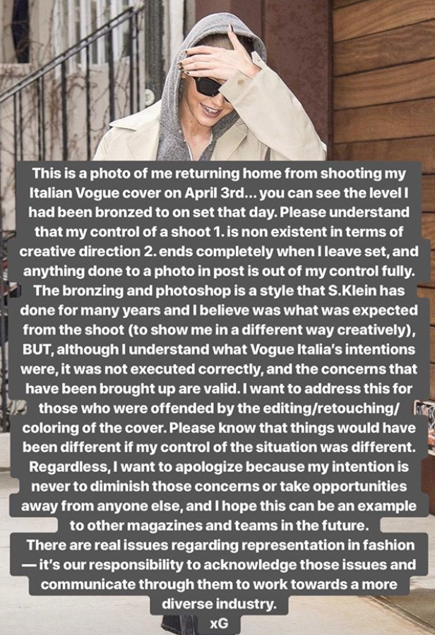 Gigi Hadid’s apology for her cover controversy. (Photo: Gigi Hadid via Instagram Stories)