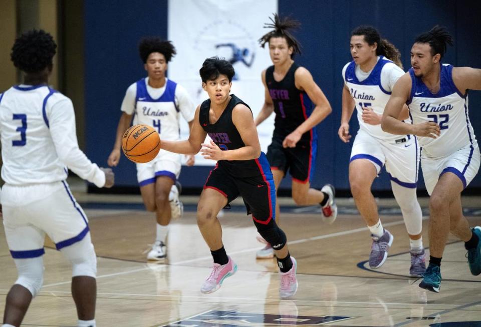 Beyer’s Marcus Pandey advances the ball during the Mark Gallo Invitational Basketball Tournament game with Washington Union at Central Catholic High School in Modesto, Calif., Friday, Dec. 8, 2023.