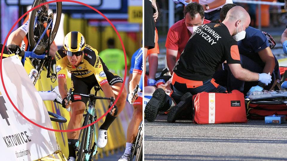 Pictured here, Fabio Jakobsen is attended to by medics after a terrifying crash.