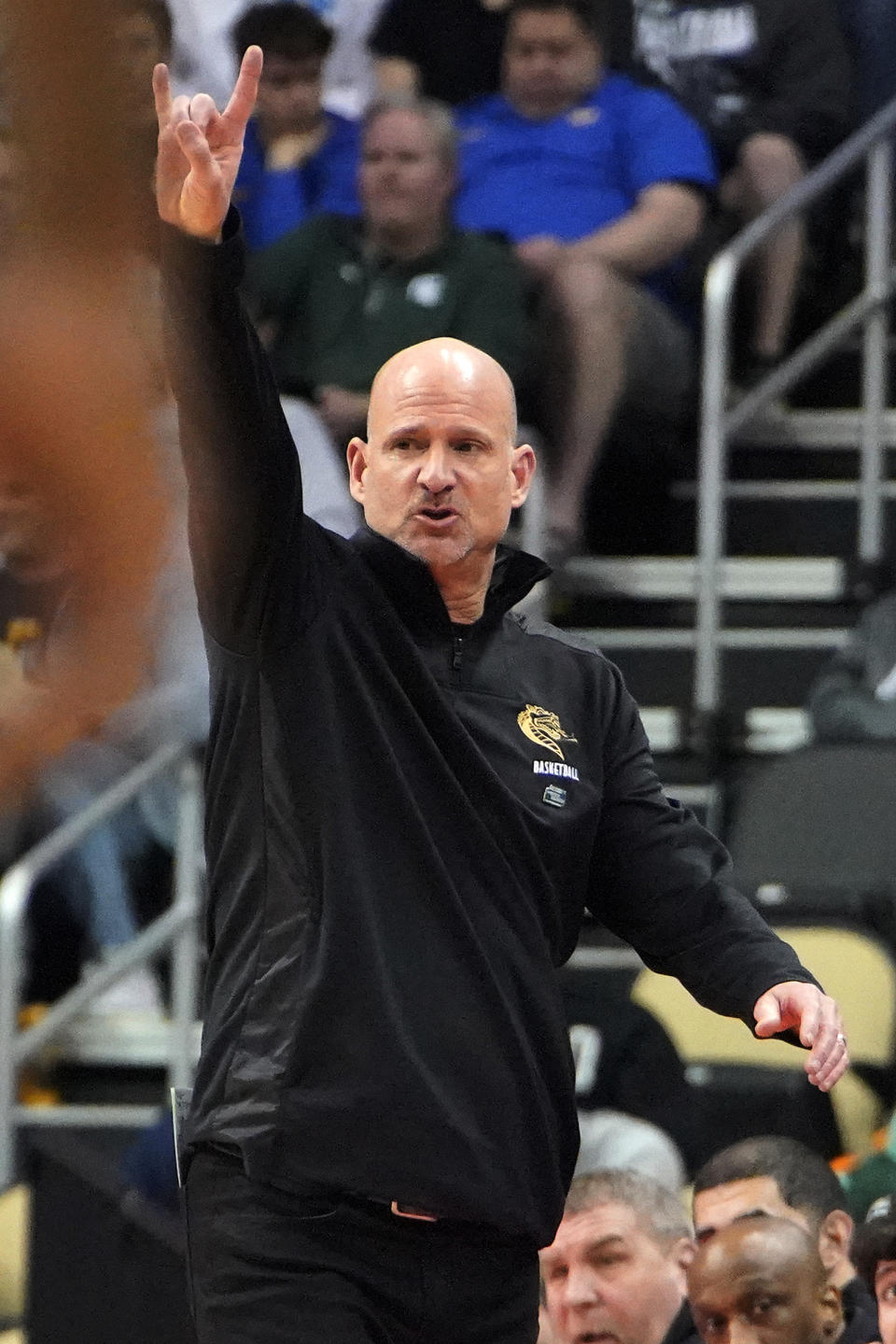 UAB head coach Andy Kennedy gives instructions during the first half of a college basketball game against Houston in the first round of the NCAA tournament in Pittsburgh, Friday, March 18, 2022. (AP Photo/Gene J. Puskar)