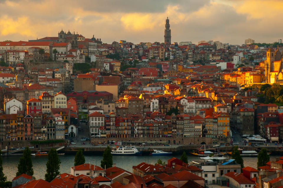 City lights of Porto, Portugal with reflections in the River Douro