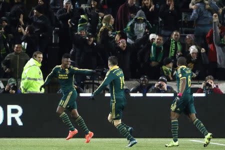 Nov 22, 2015; Portland, OR, USA; Portland Timbers midfielder/forward Dairon Asprilla (11) reacts after making the Timbers' second goal against the FC Dallas in the second half of leg one of the Western Conference championship at Providence Park. Mandatory Credit: Jaime Valdez-USA TODAY Sports