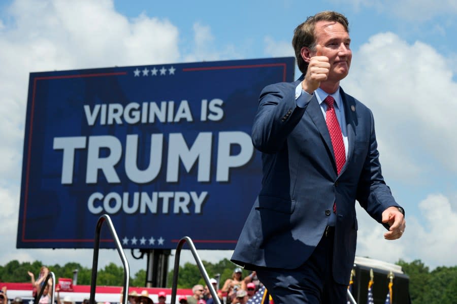 Virignia Gov. Glenn Youngkin arrives to speak at a rally for Republican presidential candidate former President Donald Trump in Chesapeake, Va., Friday, June 28, 2024. (AP Photo/Steve Helber)