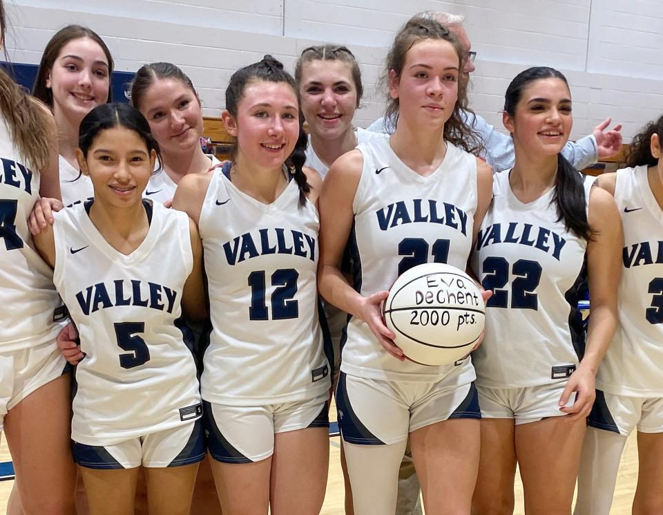 Putnam Valley's Eva DeChent celebrates with her teammates after she scored her 2,000th point in game against Haldane at Putnam Valley High School Feb. 7, 2023. 