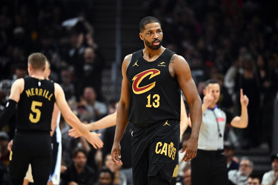 CLEVELAND, OHIO - MAY 05: Tristan Thompson #13 of the Cleveland Cavaliers reacts during the second quarter of Game Seven of the Eastern Conference First Round Playoffs against the Orlando Magic at Rocket Mortgage Fieldhouse on May 05, 2024 in Cleveland, Ohio. The Cavaliers defeated the Magic 106-94. NOTE TO USER: User expressly acknowledges and agrees that, by downloading and/or using this Photograph, user is consenting to the terms and conditions of the Getty Images License Agreement. (Photo by Jason Miller/Getty Images)