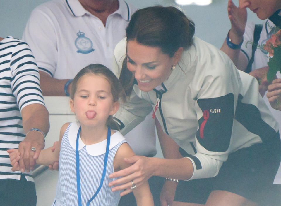 COWES, ENGLAND - AUGUST 08:  Princess Charlotte and Catherine, Duchess of Cambridge attend the presentation following the King's Cup Regatta on August 08, 2019 in Cowes, England. (Photo by Samir Hussein/WireImage)