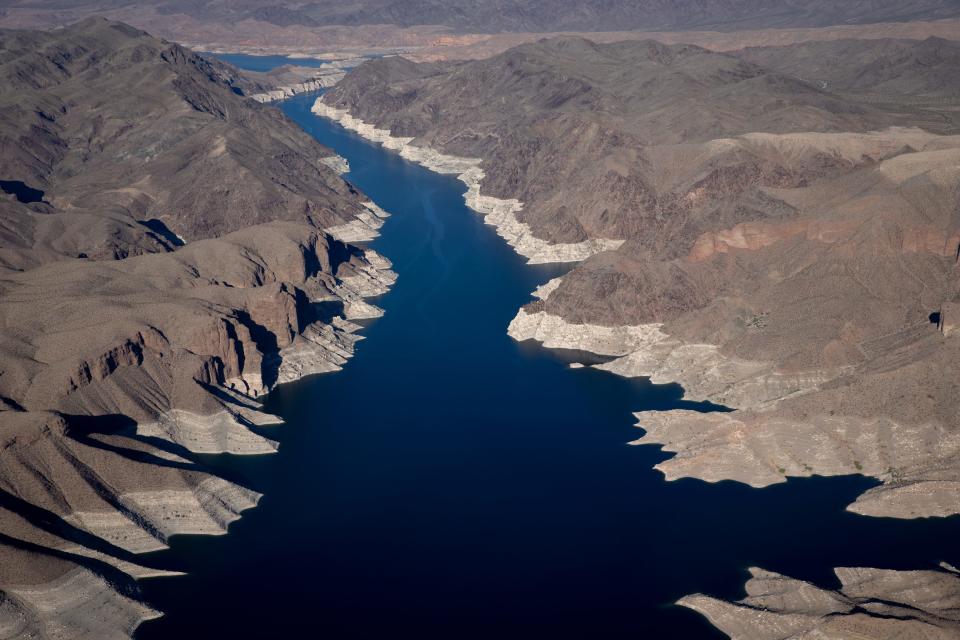 Virgin Canyon, May 11, 2021, in the Lake Mead National Recreation Area, on the Arizona/Nevada border. A high-water mark or bathtub ring is visible on the shoreline.