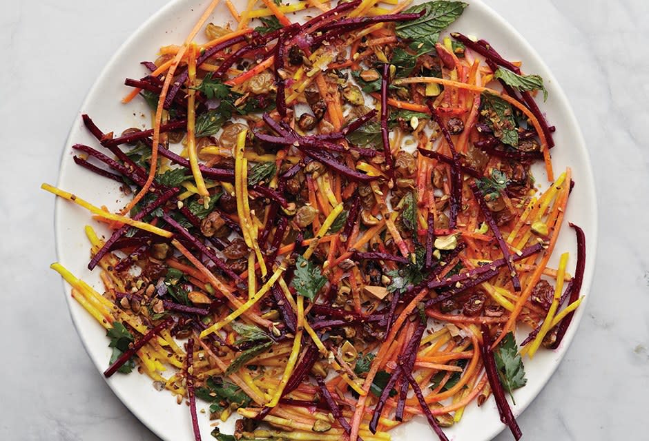 Carrot and Beet Slaw with Pistachios and Raisins
