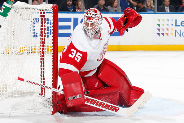 NEW YORK, NY - OCTOBER 19: Jimmy Howard #35 of the Detroit Red Wings tends the net against the New York Rangers at Madison Square Garden on October 19, 2016 in New York City. (Photo by Jared Silber/NHLI via Getty Images)