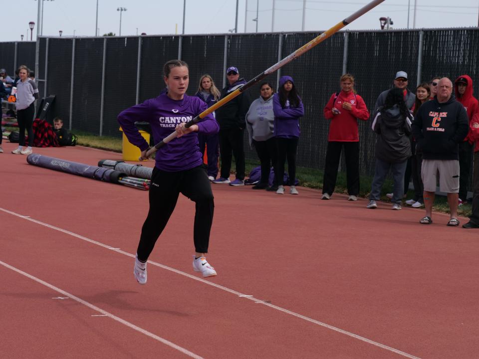 Kashlee Dickinson of Canyon High School participates in the pole vault at the 3&4 - 4A Area Track Meet on Thursday, April 20, 2023 at West Texas A&M University.
