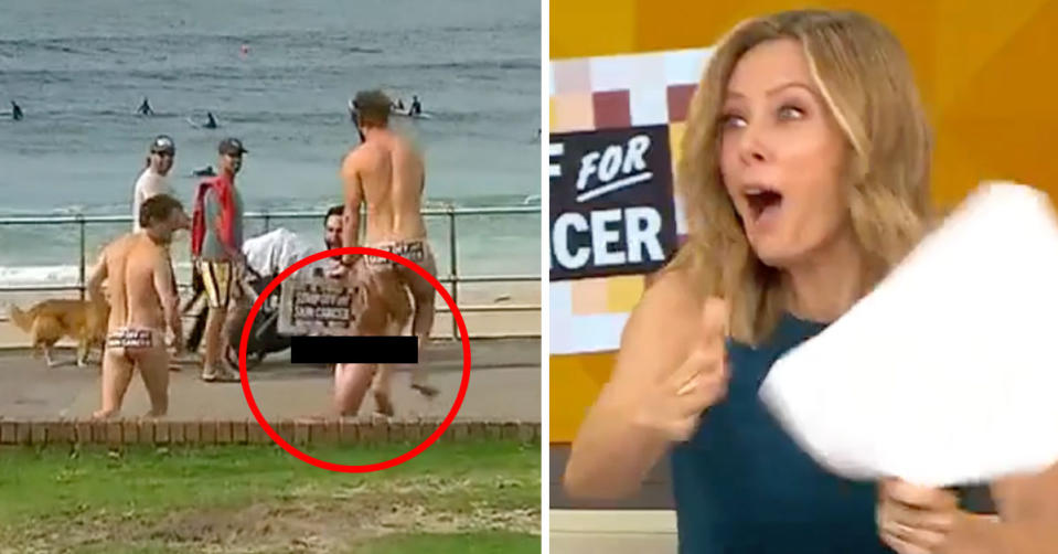 L: Three men at Bondi Beach with one exposing himself. R: Today show host Allison Langdon shocked