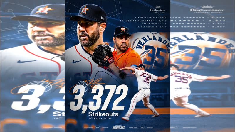 韋蘭德（Justin Verlander）達成生涯第3372次三振，名列大聯盟史上第10。（圖／翻攝自太空人推特）