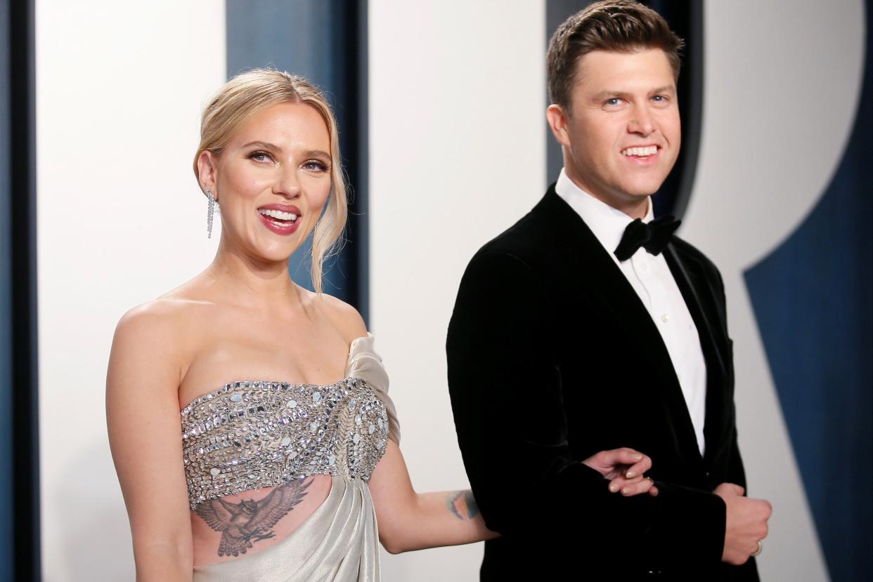 Scarlett Johansson and Colin Jost attend the Vanity Fair Oscar party in February 2020 (REUTERS)
