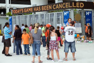 <p>Fans of the Miami Marlins come an pay their respect, Sunday, Sept. 25, 2016, to Marlins pitcher Jose Fernandez as the game against the Atlanta Braves was canceled. Jose Fernandez, the ace right-hander for the Miami Marlins who escaped Cuba to become one of baseball’s brightest stars, was killed in a boating accident early Sunday. Fernandez was 24. (AP Photo/Gaston De Cardenas) </p>