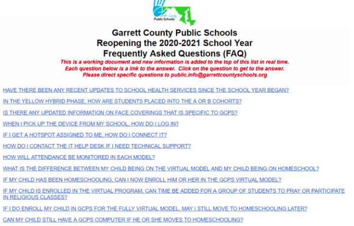 Garrett County Public Schools FAQ document. (Screenshot)