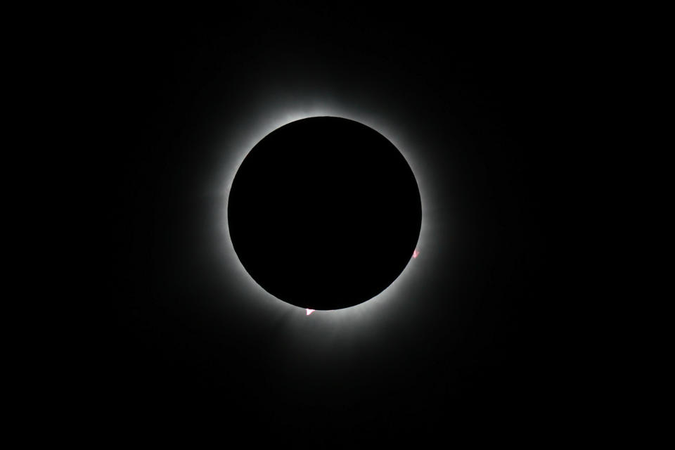 The sun reaches totality in Houlton, Maine, before passing over New Brunswick, then Newfoundland and out into the Atlantic ocean.