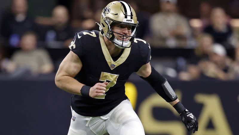 Taysom Hill in action during game against the Carolina Panthers, Sunday, Jan. 8, 2023, in New Orleans. The former BYU star is entering his seventh year in the NFL.