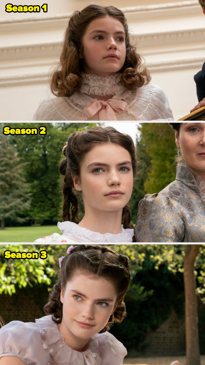 Actress Florence Hunt in three different looks from Seasons 1, 2, and 3 of a period drama series, wearing elaborate period costumes in each season