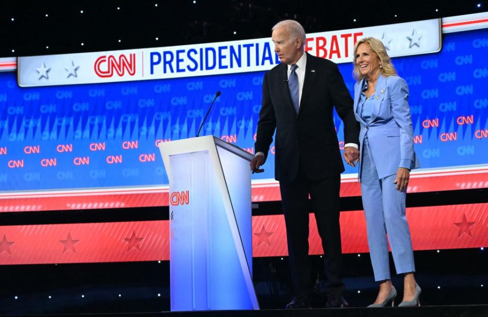 President Joe Biden and First Lady Jill Biden on stage at Thursday night’s debate. AFP via Getty Images